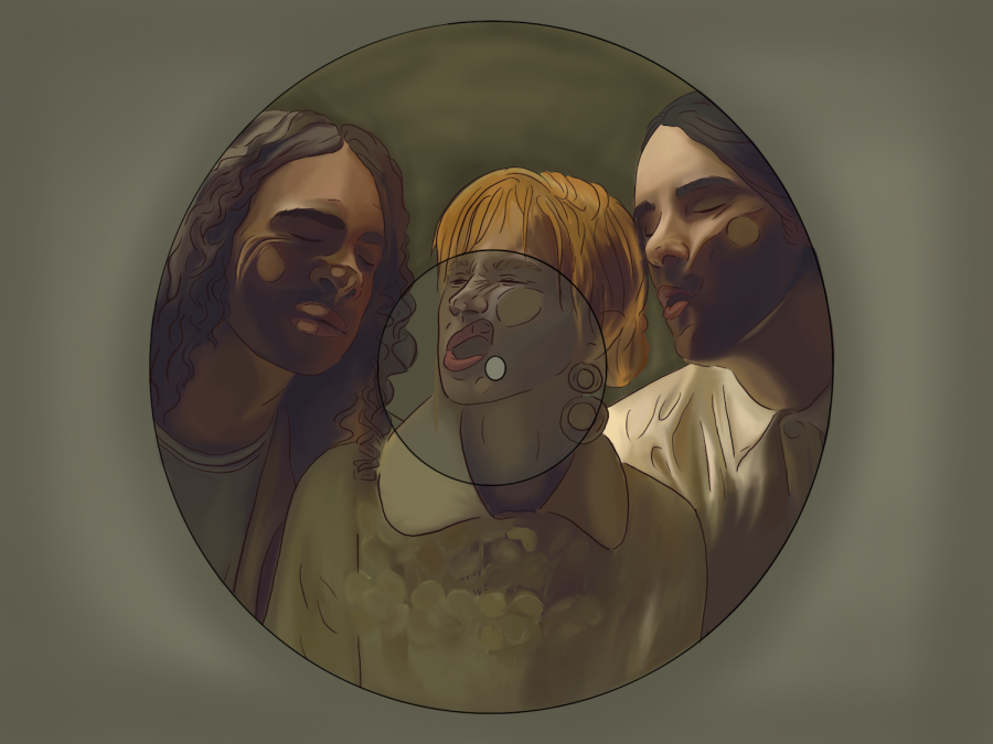 An illustration of a C.D. against a dark green background. On the C.D. is an illustration of three people whose faces are pressed against a window.