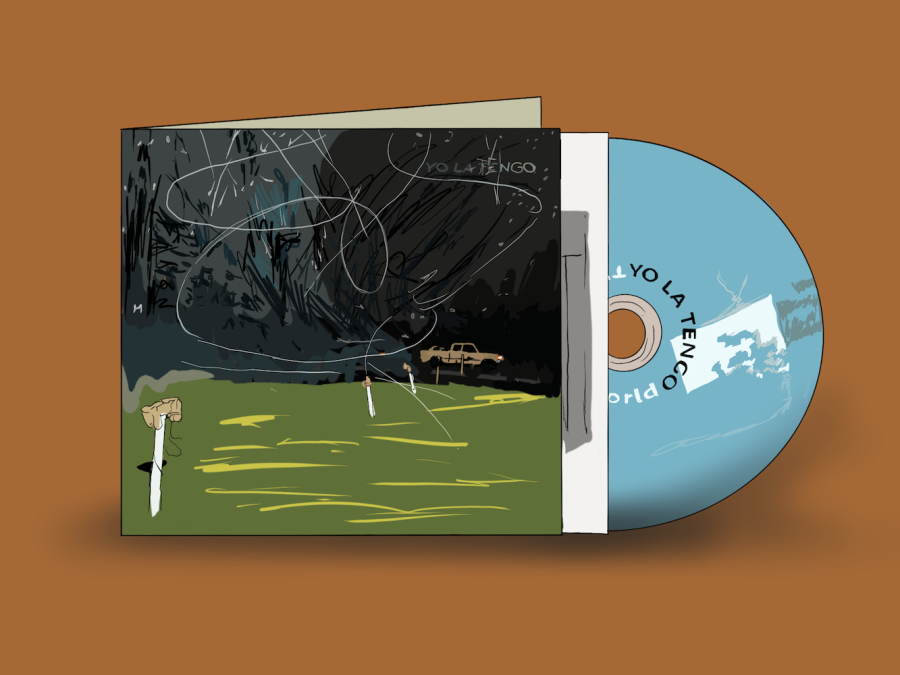 An illustration of the album cover of Yo La Tengos This Stupid World and a light blue C.D. laid against a light brown background.