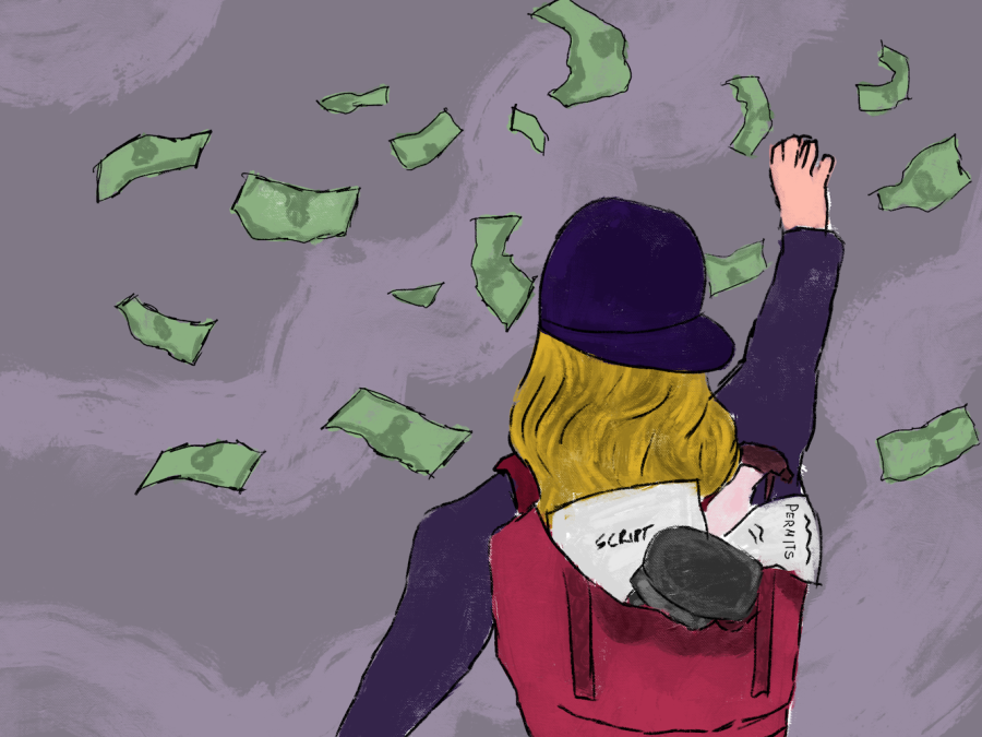 An illustration of a person with blond hair wearing a dark blue cap and a red backpack. IN the backpack are documents titled Script and permits. The person waves at green bills falling from the sky against a light purple background.