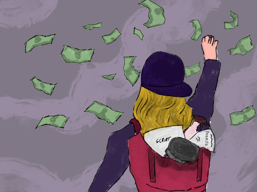 An illustration of a person with blond hair wearing a dark blue cap and a red backpack. IN the backpack are documents titled "Script" and "permits." The person waves at green bills falling from the sky against a light purple background.