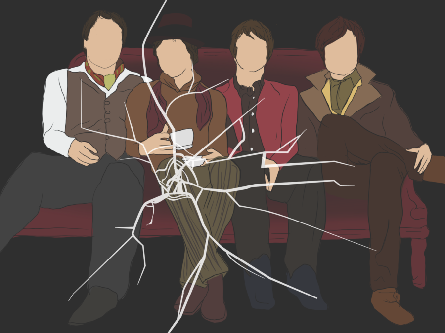An illustration of four faceless males sitting on a red sofa. A spiderweb crack runs through the image.