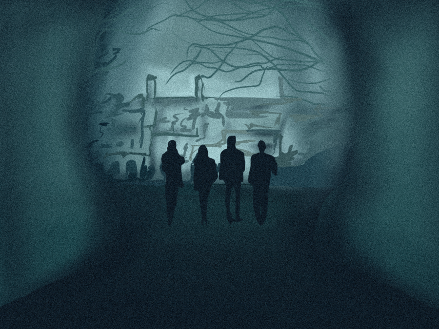 An illustration of four people walking into the distance in a village. The image is tinted with a teal color.