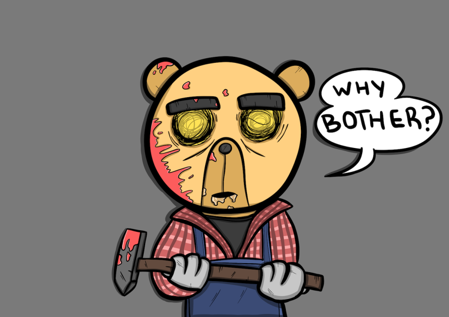 Illustration of+Winnie+the+Pooh%2C+whose+face+is+half+covered+in+blood.+He+holds+a+bloodied+hammer.+White+text+bubble+drawn+on+the+right+%E2%80%9Cwhy+bother%3F %E2%80%9D