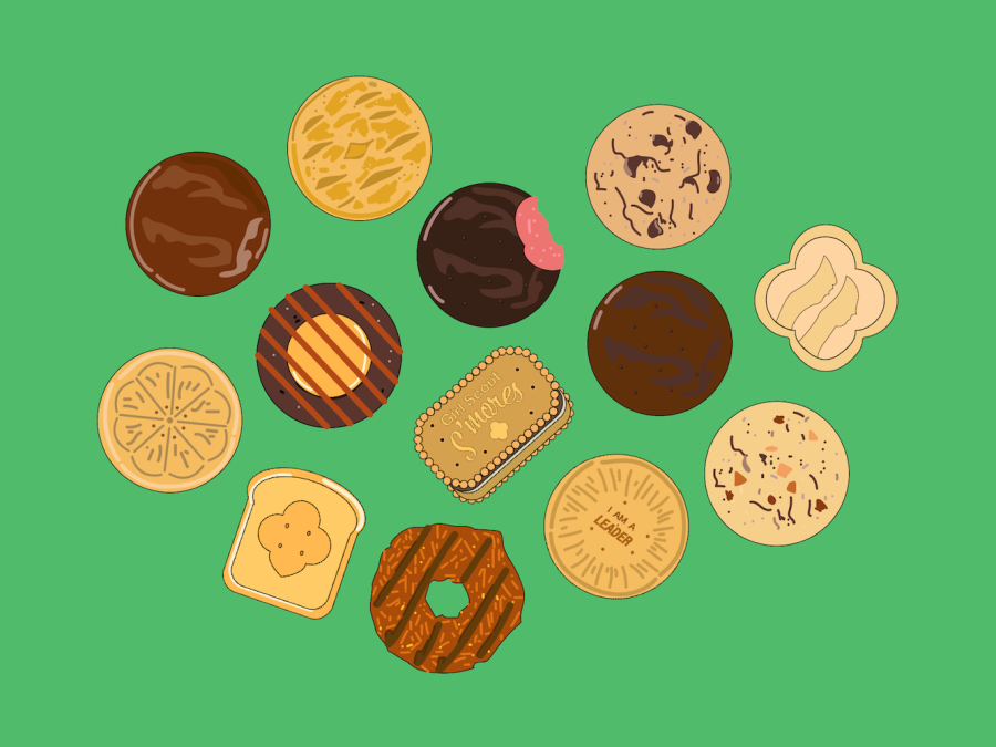 An illustration of thirteen cookies of different kinds on a green background forming a shape of a heart.