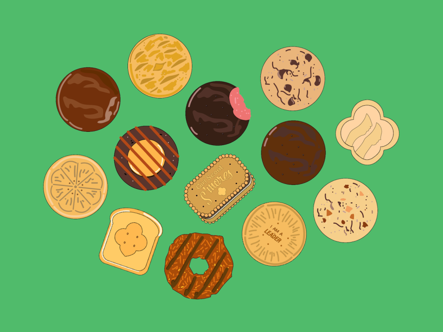 An+illustration+of+thirteen+cookies+of+different+kinds+on+a+green+background+forming+a+shape+of+a+heart.