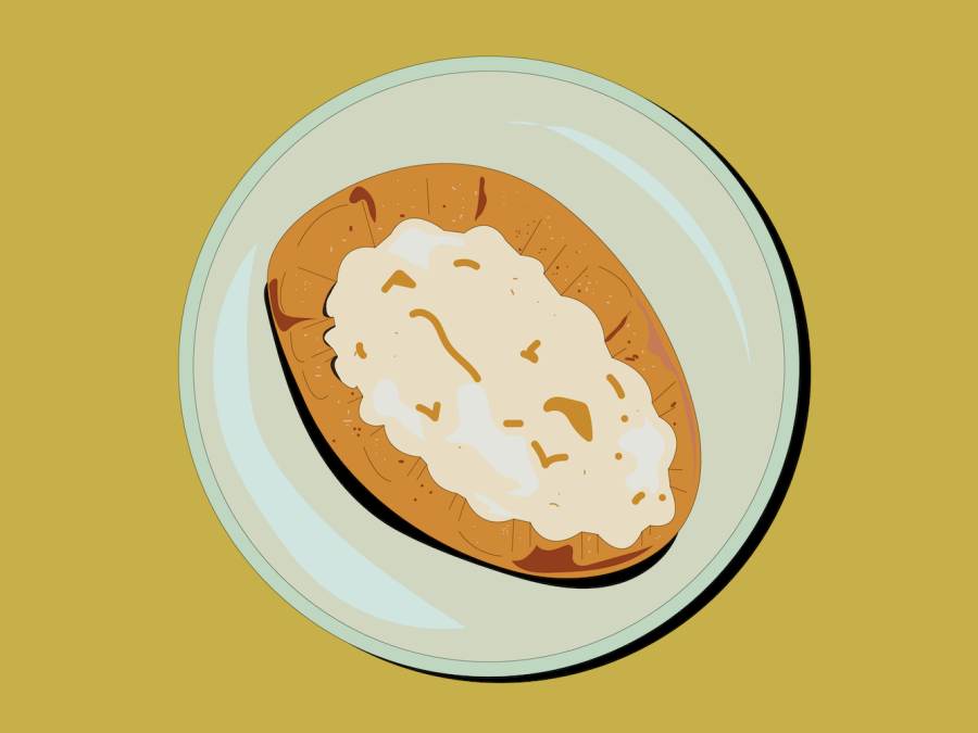 An illustration of a beige pastry with a cream-colored fluffy topping, sitting on a mint green plate. Behind it is a solid yellow background.