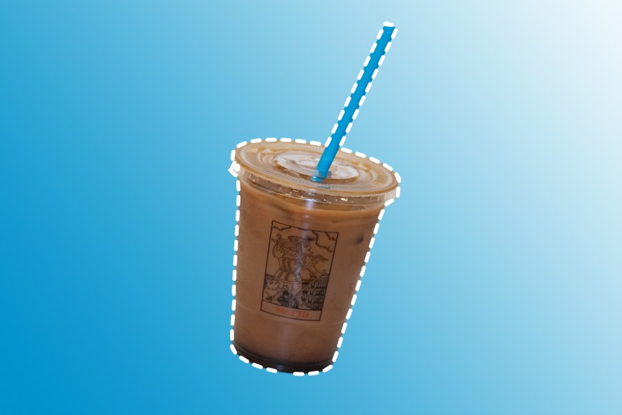 A clear plastic cup of coffee with a blue straw against a blue gradient background. There is a black rectangle with an illustration of a soldier with the word “Matto” written below it on the cup.