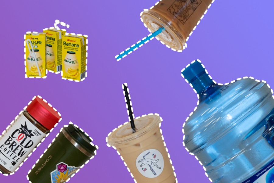 On a purple gradient background, there are three boxes of banana milk on the top left. A bottle of instant coffee mix and a reusable coffee cup are below the banana milk. On the top right, there is a plastic coffee cup. On the bottom left there is another plastic coffee cup with a large water can to the left of it.