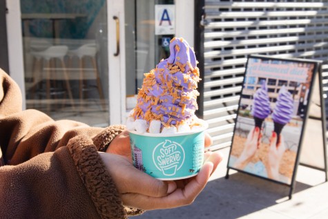 A person holds ube ice cream with coconut flakes and mochi in a “Soft Swerve” cup in front of an ice cream sign.