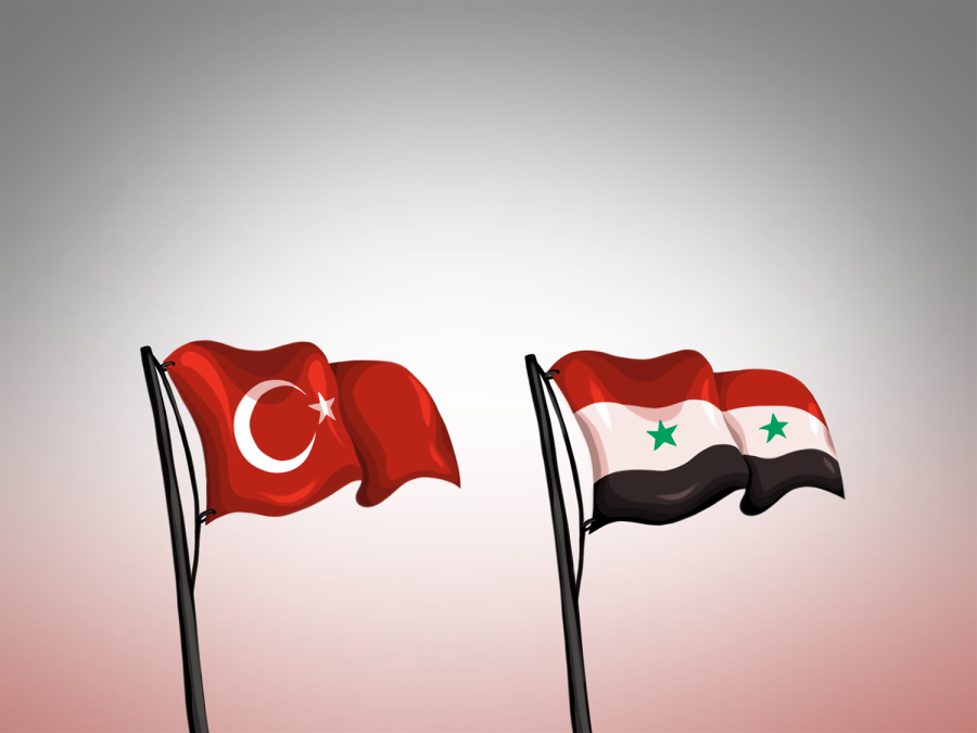 An+illustration+of+the+Syrian+and+Turkish+flags+waving+on+flagpoles.+Behind+them+is+a+gray+and+red+gradient.