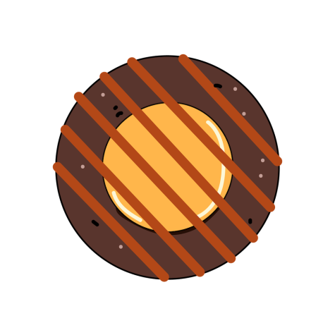 An illustration of a donut-shaped brown cookie with a golden-brown center and symmetrical orange-brown lines across its surface.