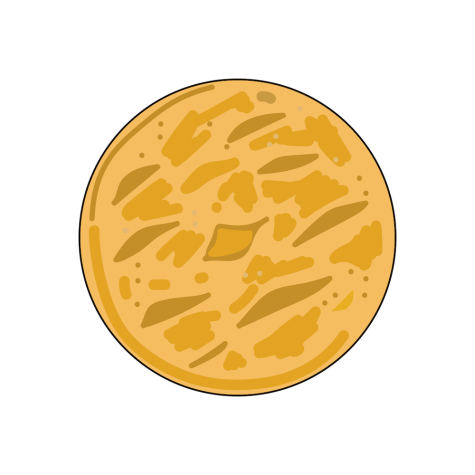 Illustration of a beige cookie with multiple brown indents and dusting on top.