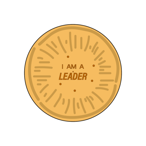 Illustration of a beige cookie with the words “I AM THE LEADER” in its center, surrounded by detailing lines.