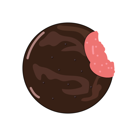 An illustration of a bitten dark brown glazed-looking round cookie with pink raspberry filling shown inside and round dark brown dots shown on its surface.