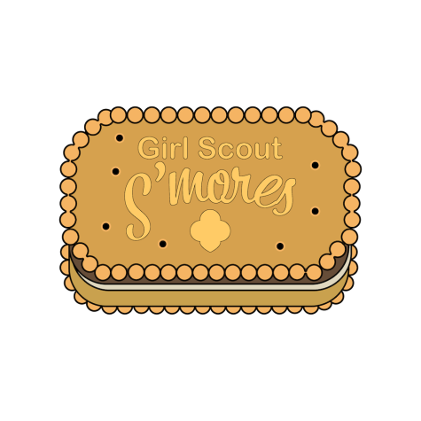 An illustration of light brown round rectangle s’mores cookie with yellow text “Girl Scout S’mores” and dark brown dots on its surface, filled with dark brown and white fillings.