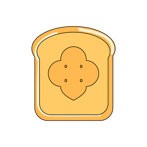 An illustration of a beige toast-shaped cookie with four dots in the center.