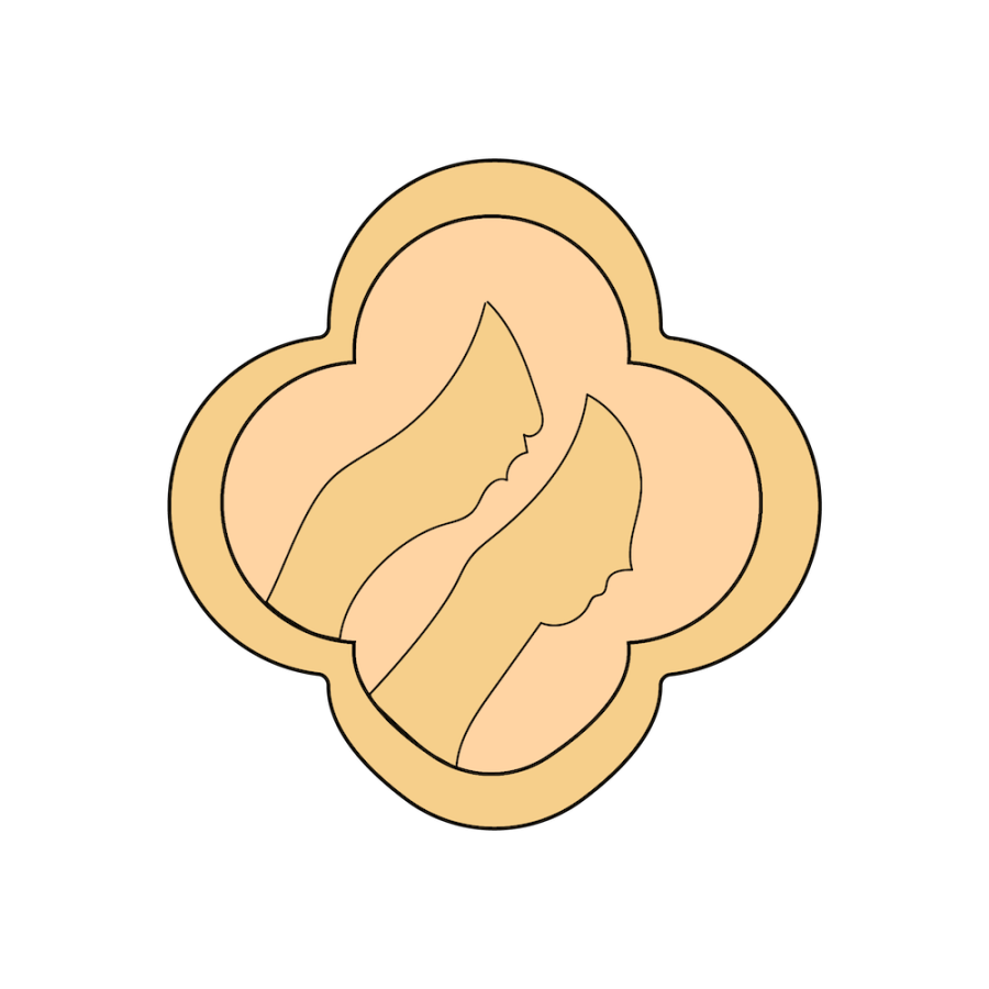 An illustration of light brown flower-shaped cookie with a girl scout emblem.