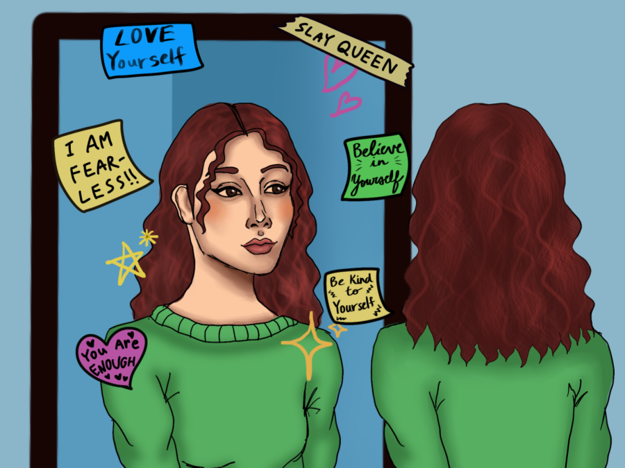 An illustration of a woman with reddish brown hair wearing a green sweater, looking at herself in a mirror. There are stars and hearts drawn on the mirror, a piece of tape over the right top corner that reads "Slay Queen," and post-it notes that read "You are enough," "Be Kind to Yourself," "Believe in Yourself," "Love Yourself" and "I am Fearless!"