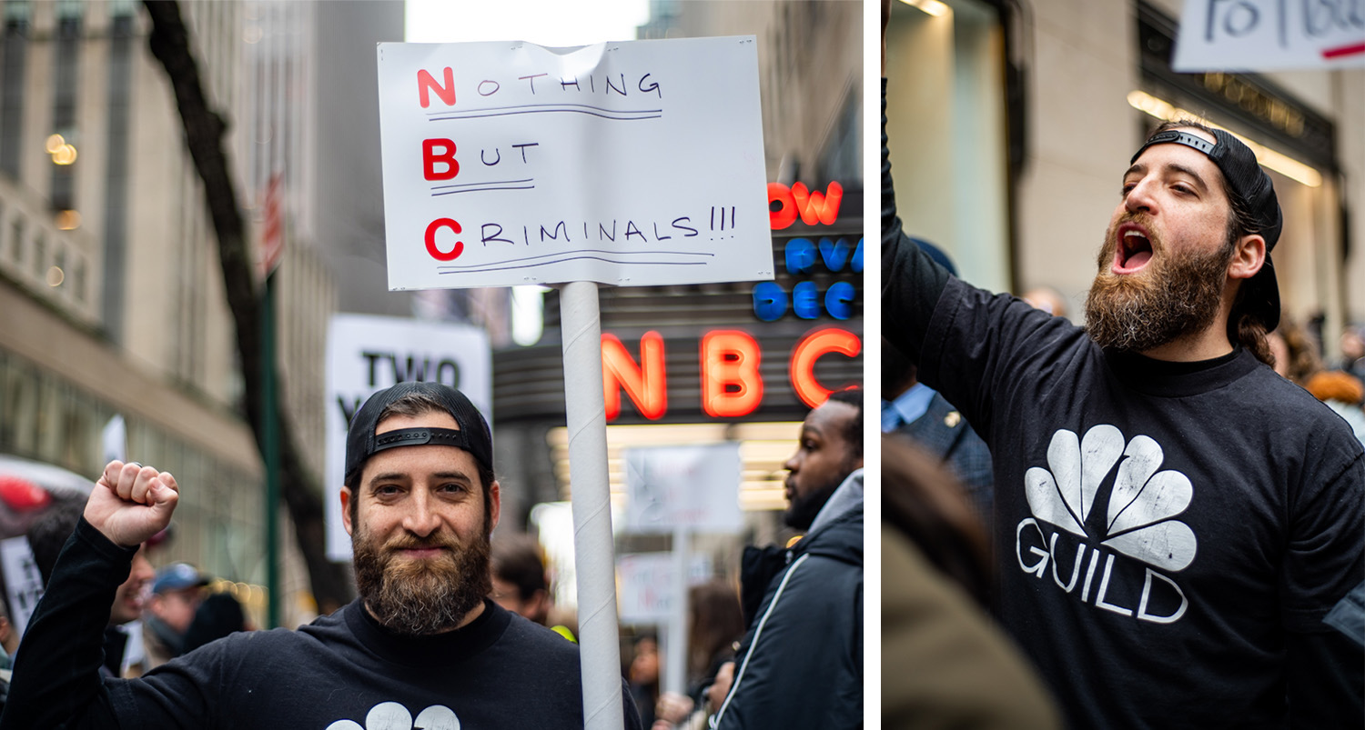 Right: A man raises a fist and holds a sign reading “Nothing But Criminals” in front of N.B.C headquarters. Left: A man wearing an N.B.C Guild shirt shouts, raising his arm in the air.