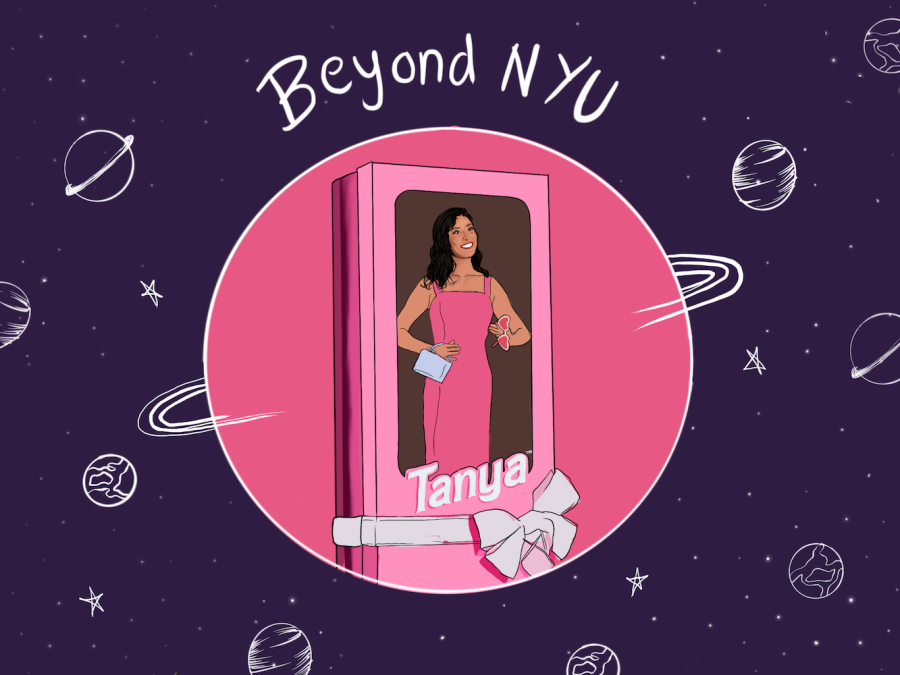An illustration of a pink, circular planet with a pink gift box. There’s an image of a woman wearing a pink dress and handbag smiling on the box. The background is dark purple with white sketches of planets and stars.