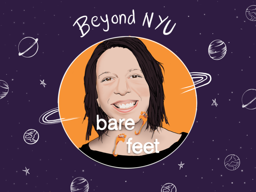 An illustration of an orange circle with a woman’s face inside. Over the woman’s face, the words “bare feet” are written with a pair of orange footprints. The words “Beyond N.Y.U.” are written above the circle. The background is dark purple with white sketches of planets and stars.