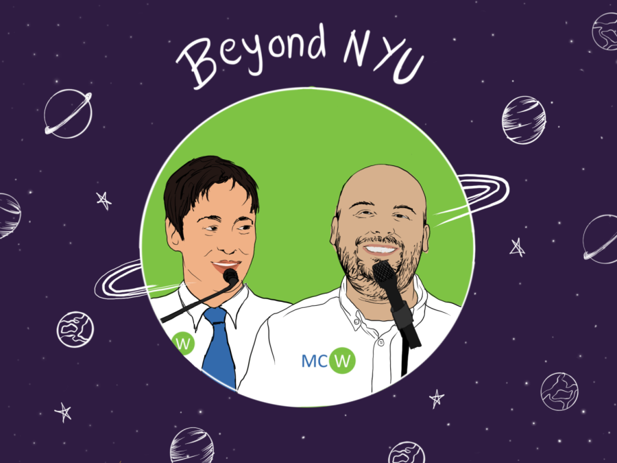 An illustration of a green, circular planet with two men’s faces in it. They are wearing white shirts with the text “M.C.W.” on them. The words “Beyond N.Y.U.” are written above the circle. The background is dark purple with white sketches of planets and stars.