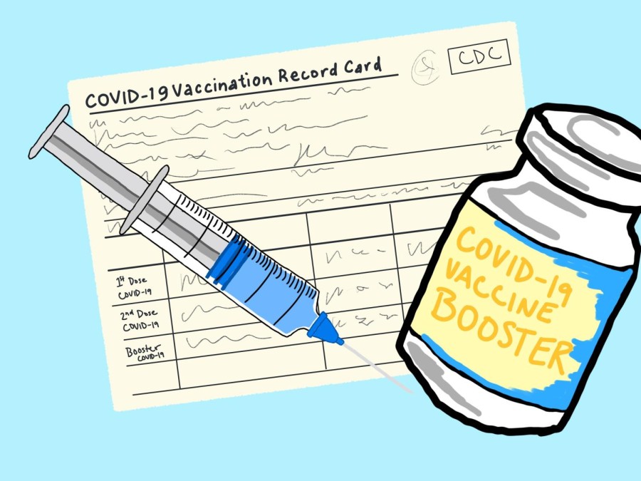 An illustration of a COVID-19 vaccination card in the background with a half-full syringe on the left of the foreground and a bottle reading “COVID-19 VACCINE BOOSTER” on the right.