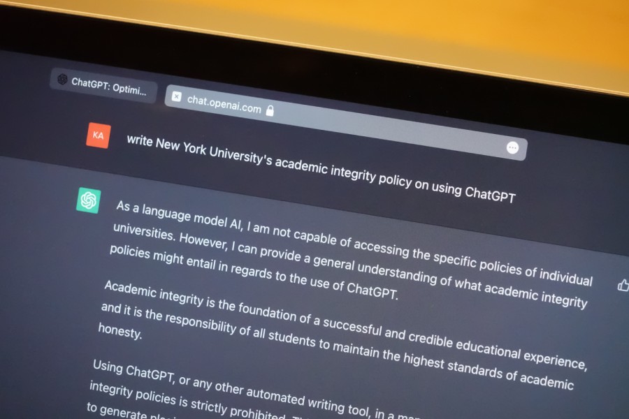 A+laptop+screen+displaying+the+user+interface+of+the+artificial+intelligence+writing+tool+%E2%80%9CChat+G.P.T.%E2%80%9D+with+the+prompt+%E2%80%9Cwrite+New+York+University%E2%80%99s+academic+integrity+policy+on+using+chat+G.P.T.%E2%80%9D+on+the+top.