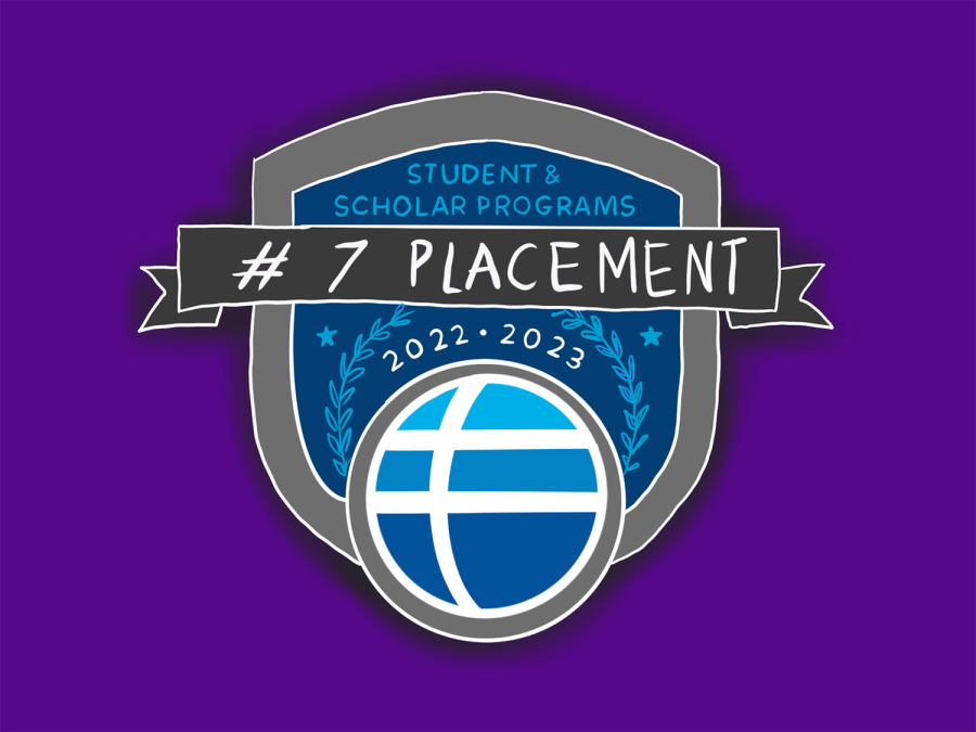An illustration of the emblem of the Fulbright Program in blue, with the text “hashtag seven placement.” The emblem is placed against a purple background.
