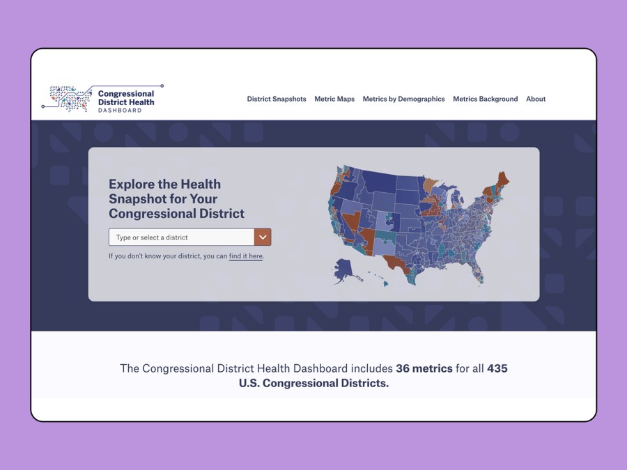 A screenshot of the Congressional District Health Dashboard rests against a light purple background. It shows a map of the United States, with Congressional district boundaries highlighted next to the text “Explore the Health Snapshot for Your Congressional District.”