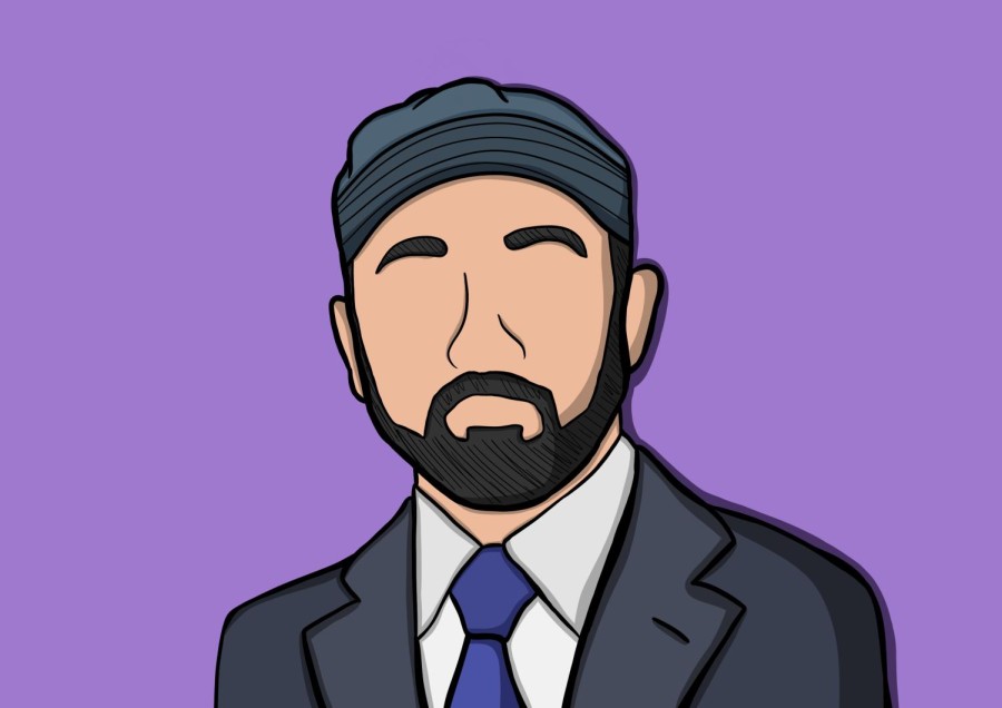An illustration of a man wearing a gray suit with a blue tie and a hat. The figure is against a purple background.