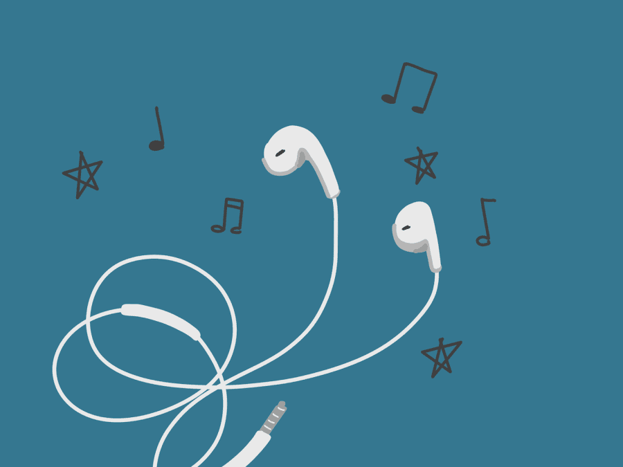 An illustration of white wired earphones surrounded by musical notes against a blue background.