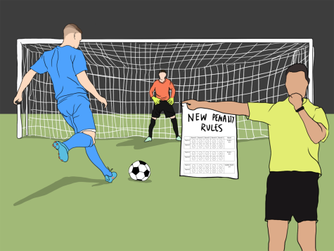 An illustration of a soccer player wearing blue, kicking a soccer ball toward a net. A soccer player wearing an orange shirt and bright yellow gloves is guarding the net. In front of them is a man wearing a bright yellow shirt and black shorts, holding his hand to his mouth and, in his other outstretched arm, holding a document that reads “New Penalty Rules” with score charts on it.
