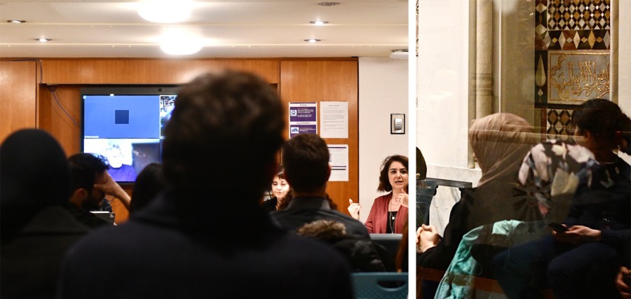 Two images stitched together. The image on the left shows the back of a person’s head amongst several others sitting in a room. On the front wall is a T.V. screen with a Zoom meeting being shown on it. The image on the right shows the backs of three women wearing headscarves sitting in a room.