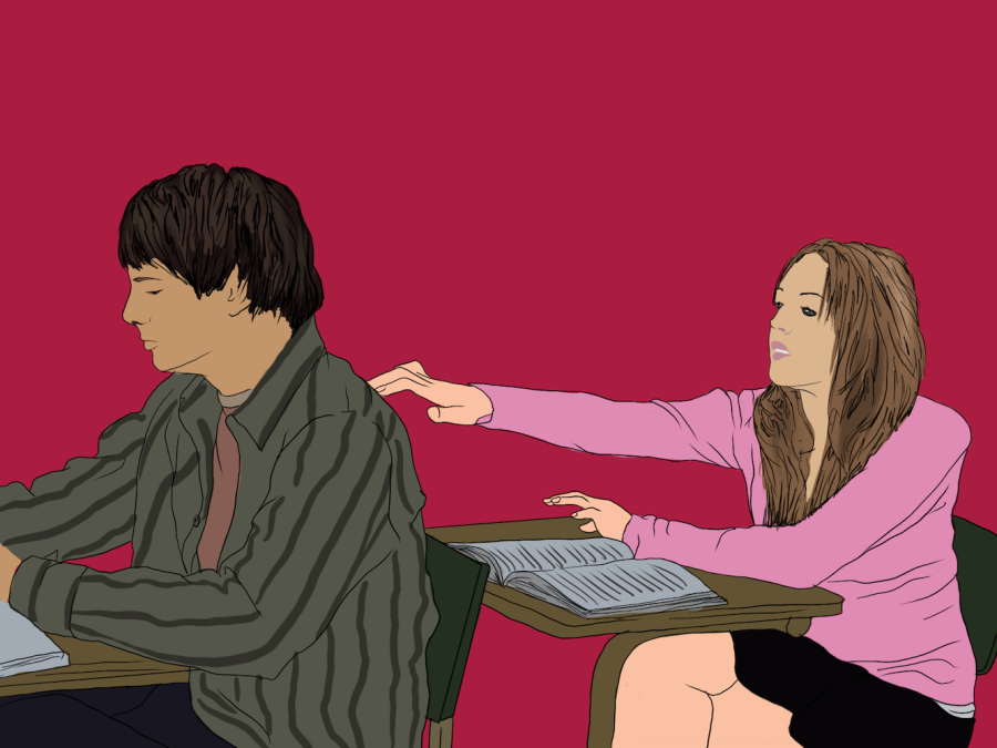 An illustration of a woman reaching forward to tap a man on the shoulder. Both sit at a classroom desk. The man is wearing a striped gray shirt and the woman is wearing a pink sweater.