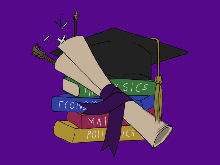 An illustration of a roll of paper, tied with a purple ribbon in front a black graduation cap. It is pictured sitting atop a stack of four books of different academic subjects against a purple background.