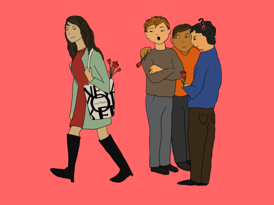 An illustration of four people against a pink background. Three people stand in a circle on the right while pointing and talking about the person walking past wearing a green coat and carrying a New Yorker magazine tote bag.