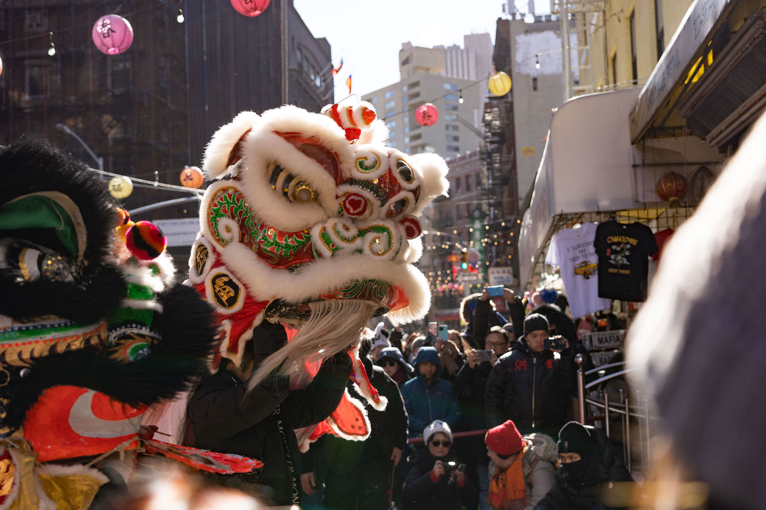 Lion dancers are surrounded by a large crowd of audience.