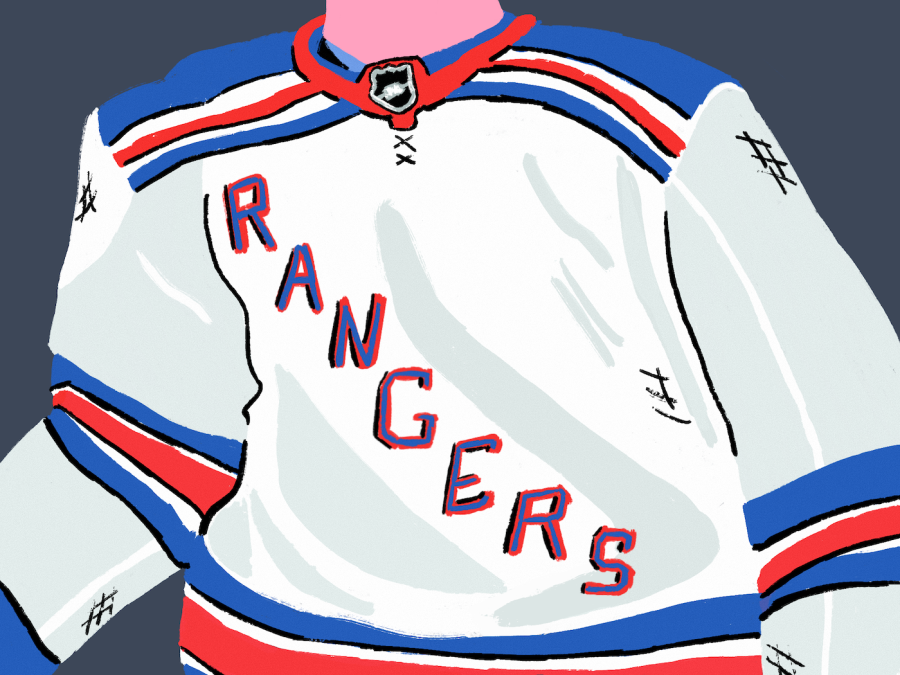 An+illustration+of+a+player+wearing+a+New+York+Rangers%E2%80%99+jersey+with+blue%2C+red%2C+and+white+accents+and+the+text+%E2%80%9CRangers%E2%80%9D+written+across+the+jersey.