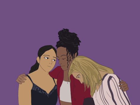An illustration of three women huddling together against a dark purple background.
