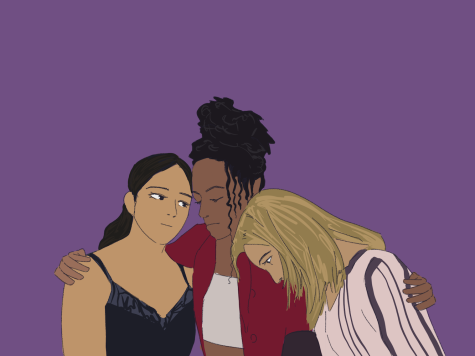 Illustration of three women hugging each other against a dark purple background.