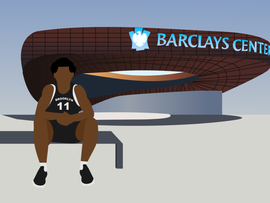 An illustration of a basketball player sitting on a bench in front of the Barclays Center in Brooklyn. He is wearing a black jersey with “Brooklyn 11” on it.