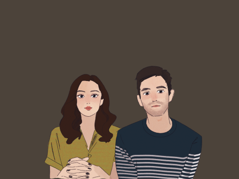 An illustration of a couple looking directly forward against a dark gray background.