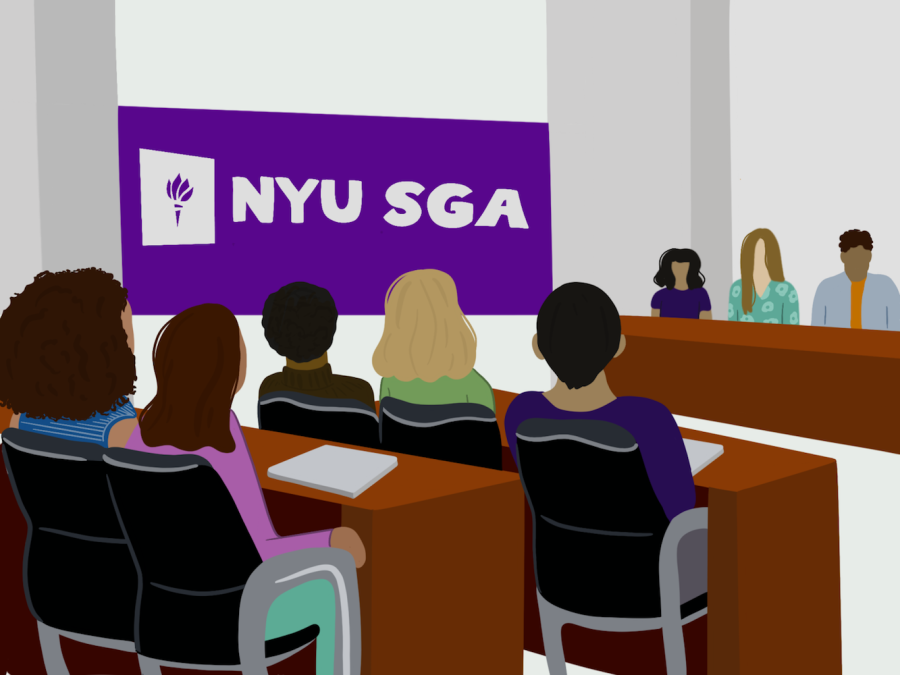 +Illustration+of+students+sitting+in+a+large+room+for+meeting+students+government.+On+left+%2C+purple+banner+with+torch+NYU+ +logo+hanging+on+wall+and+readable +%E2%80%9C%E2%80%98N.YU+SGA%E2%80%9D