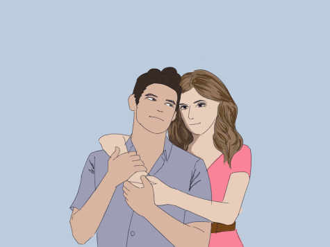 An illustration of a man and a woman cuddling against a light blue background.