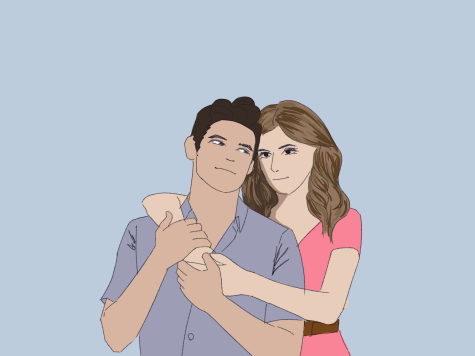 Illustration of a man and a woman hugging on a blue background.