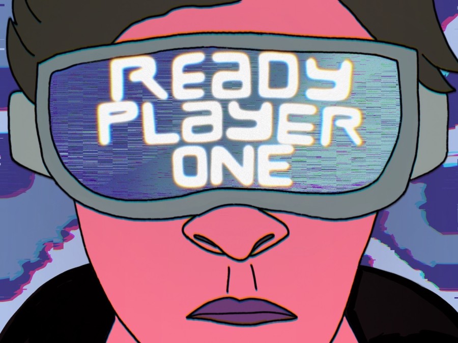 An illustration of a man with red skin wearing a pair of goggles with the text “Ready Player One” printed on it.