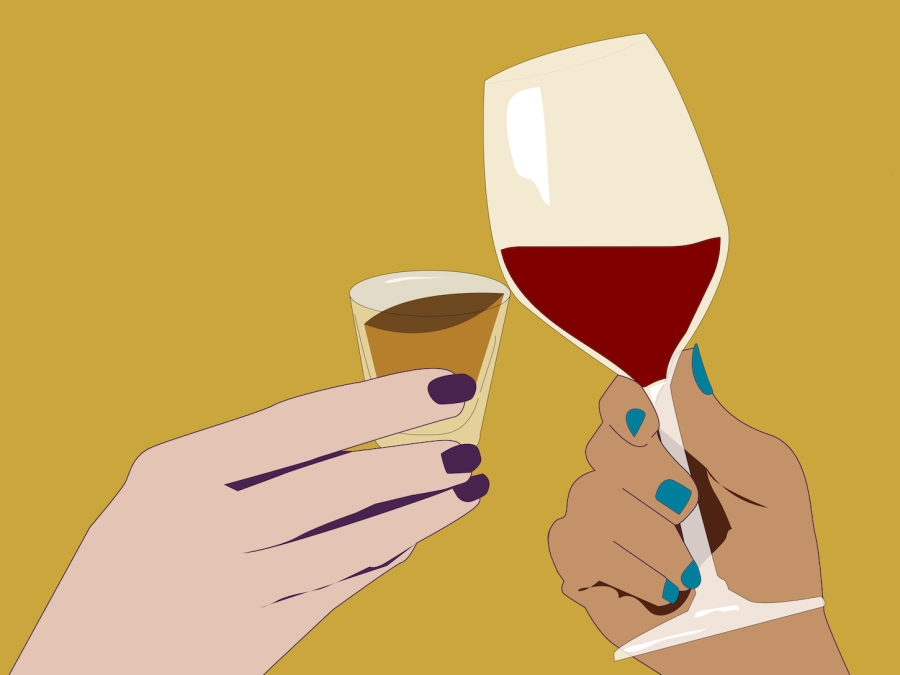 An illustration of two hands holding two glasses of alcohol against a yellow background.