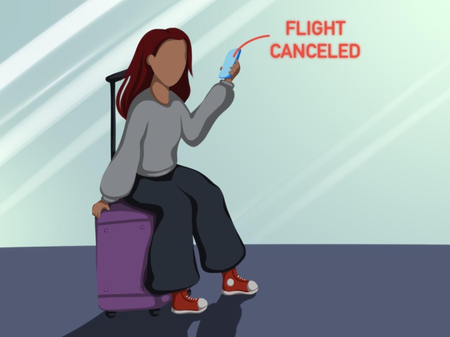 An illustration of a person sitting on a suitcase holding her phone. Text on the phone reads “FLIGHT CANCELLED.”