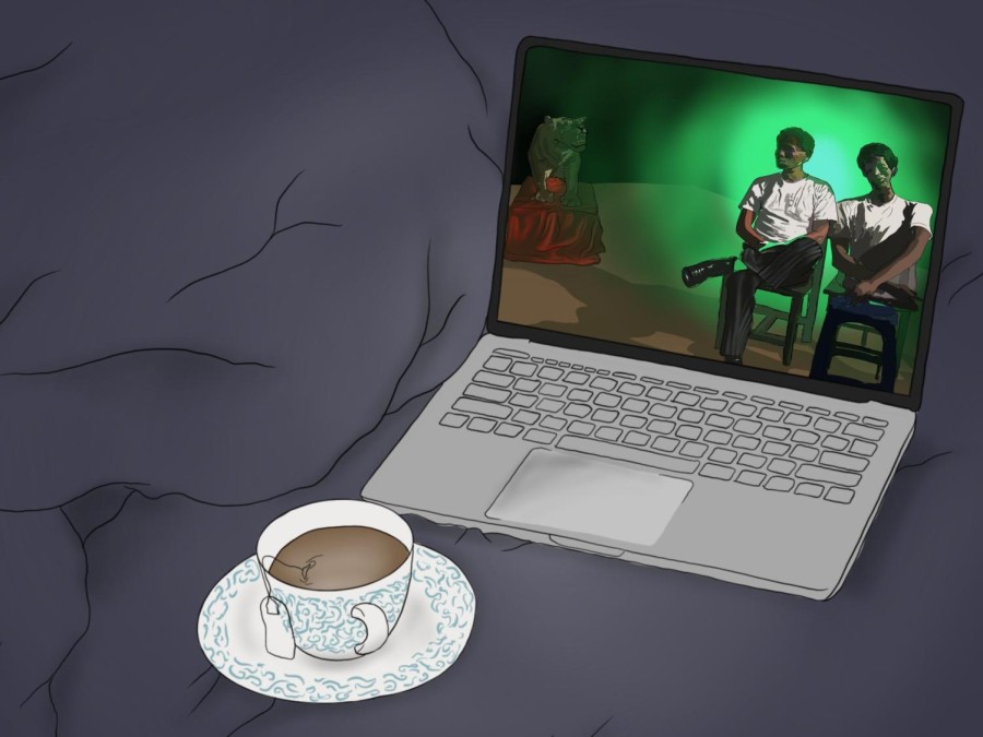 An illustration of a laptop placed on a bed with blue sheets. The laptop displays two people wearing white T-shirts sitting together.